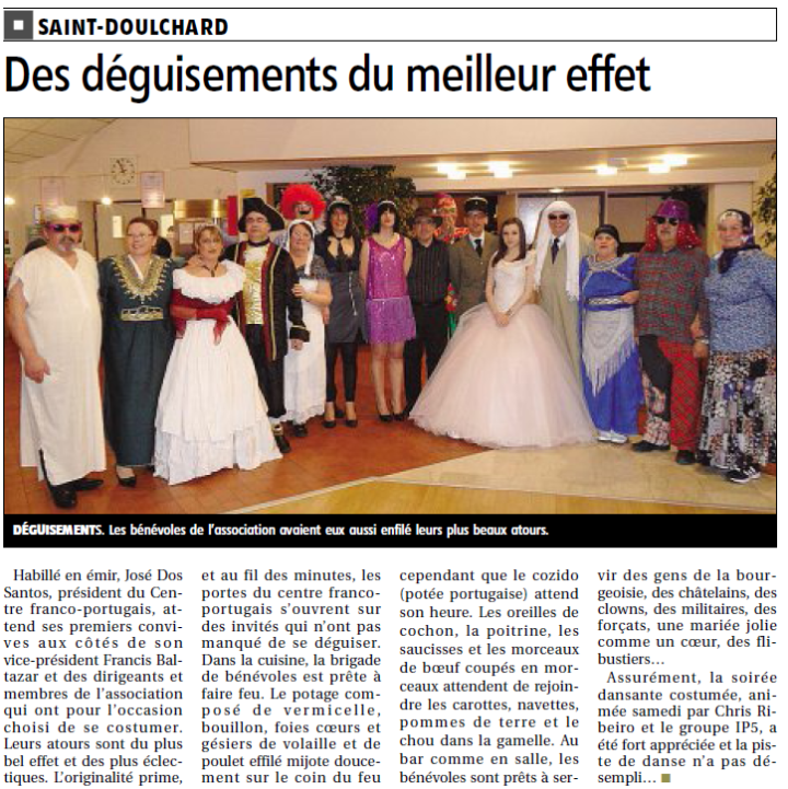 Aricle de presse sur le Bal Costumé du 23/02/2013, crédit photo